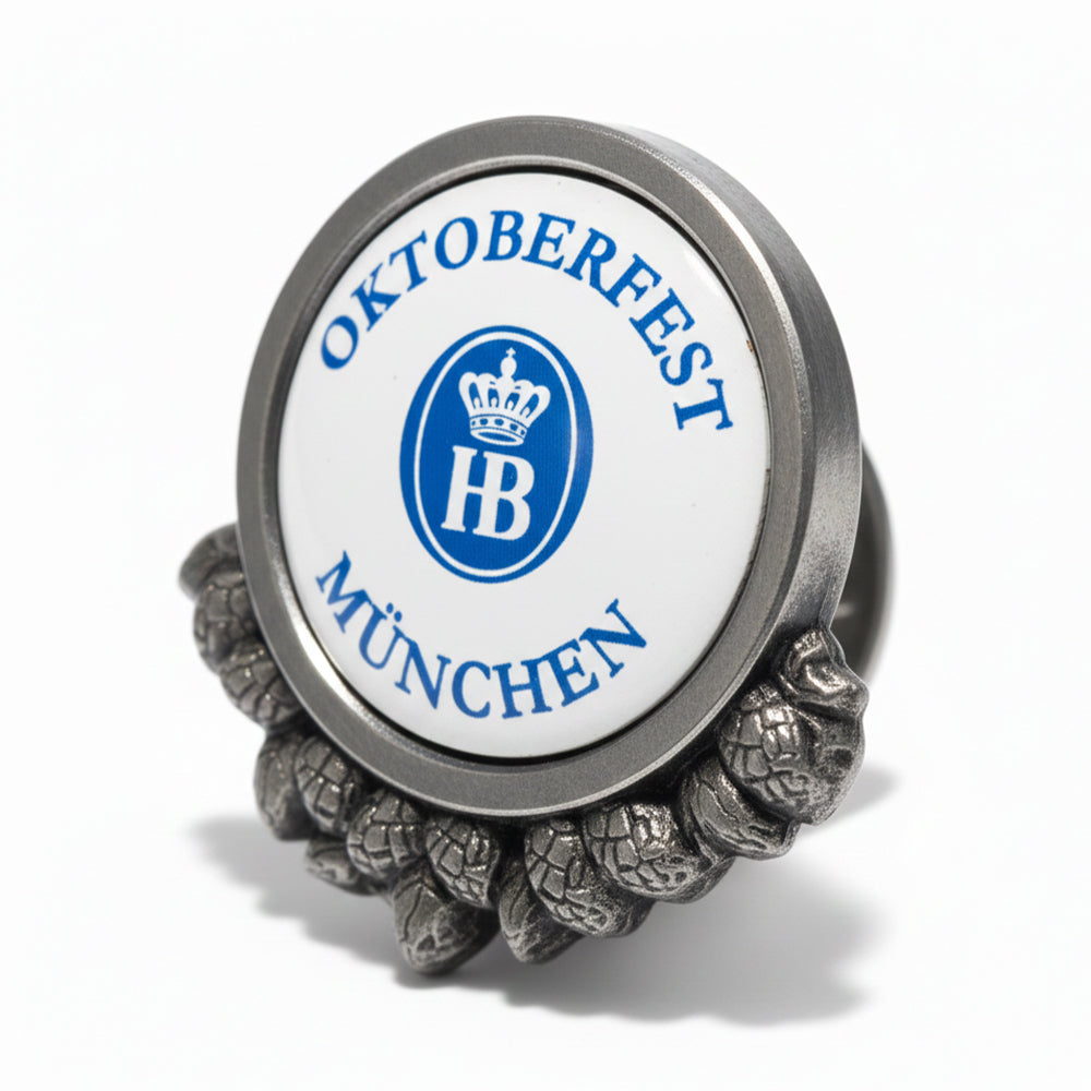 Anstecker Oktoberfest silber, rund mit Hopfen - Hofbräu