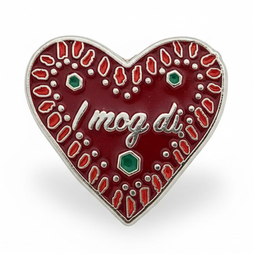 Anstecker Spruch "I mog di" - Herz braun-rot