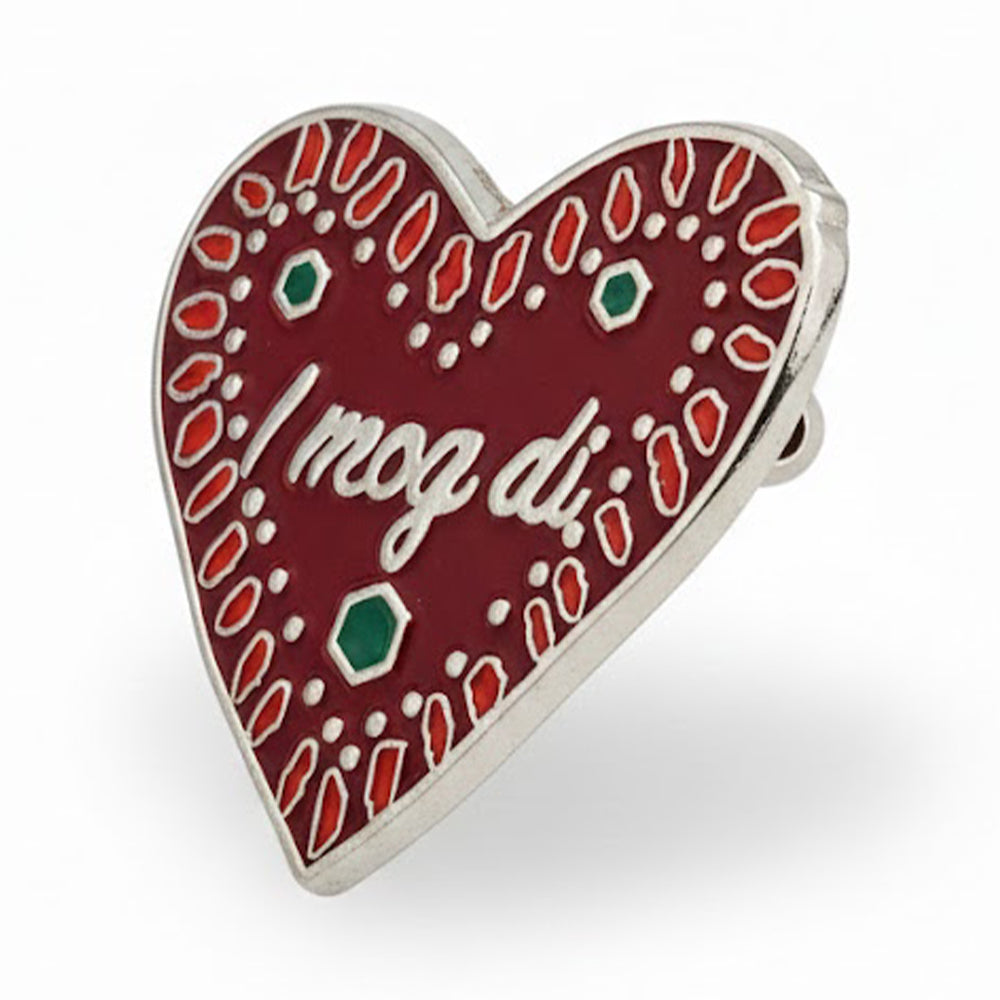 Anstecker Spruch "I mog di" - Herz braun-rot